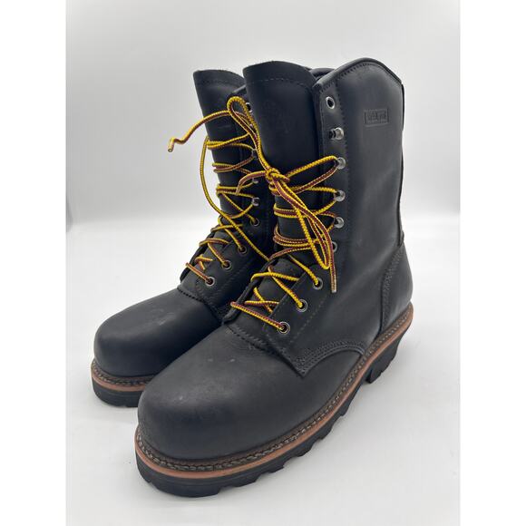 Golden Retriever Black Leather Logger Boots Steel Toe Men's Size 9.5M - Picture 1 of 4